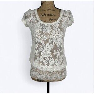 Studio Y Mesh Floral Sheer Top Sz S Keyhole Back Puff Sleeve Feminine Coquette